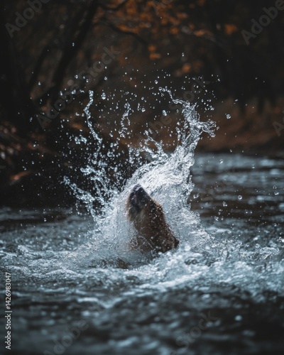 A striking moment captured in nature. Water splashes dramatically as a fish breaks the surface. This image evokes the beauty and action of wildlife in a serene environment. Generative AI