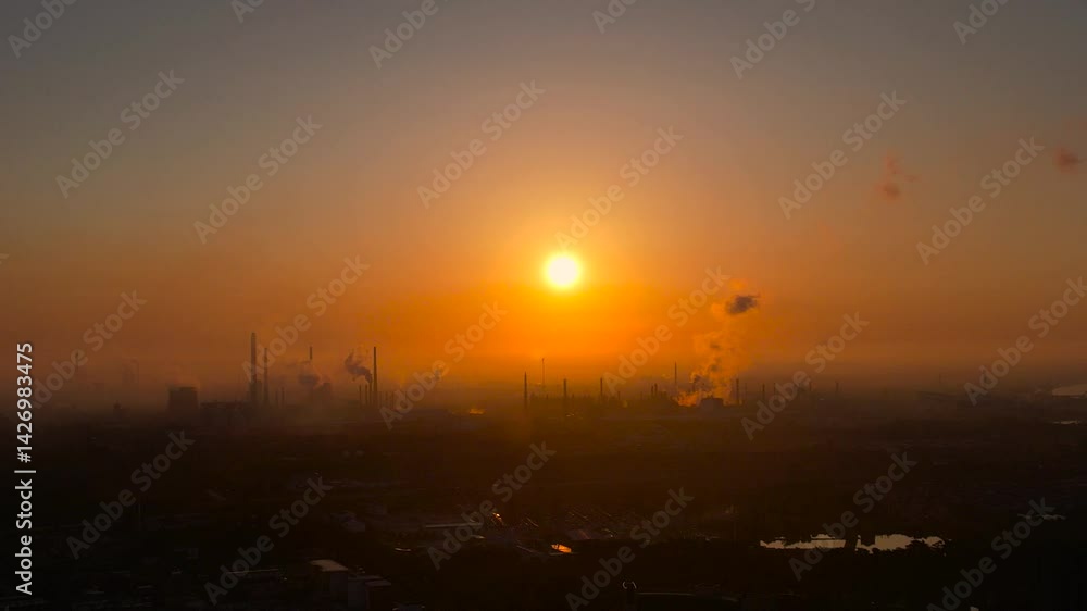 Morning sunrise over city skyline with smoke rising from industrial plant Morning sunrise over city skyline with smoke rising from industrial plant