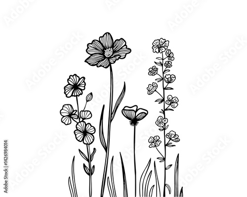 Flowers. In black and white style. Can be used for printing on paper, stickers, badges, bijouterie, tattoo. Vector