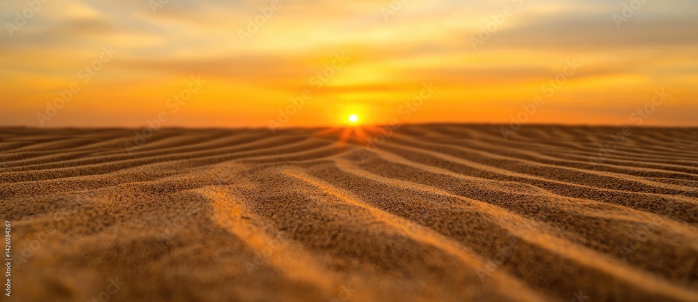 Fototapeta premium Vantage Depression Rays concept. Sunset over undulating sand dunes creates a serene and warm atmosphere.