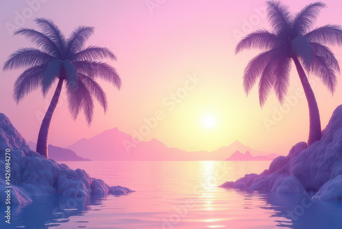Floating Palm Tree Fantasy: Lemon-Lavender Dream Sky & Candy Hues Sunset Wonderland
