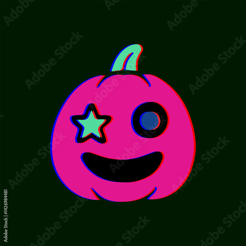Bright pink pumpkin with star-eye and bold black grin, radiating glitchy surprise.