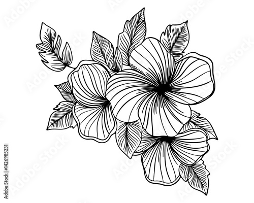 Flowers. In black and white style. Can be used for printing on paper, stickers, badges, bijouterie, tattoo. Vector