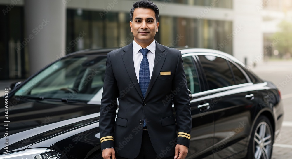 A man in a professional uniform standing in front of a luxury car A man in a professional uniform standing in front of a luxury car