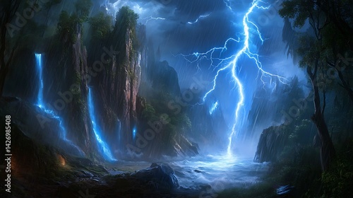 Wallpaper Mural Epic lightning storm illuminates a mystical mountain valley. Torontodigital.ca