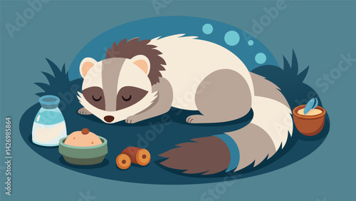 A furry ferret taking a nap in its cozy bed surrounded by ultrasonic pest repellers that keep its play area free from any unwanted pests.. Vector illustration