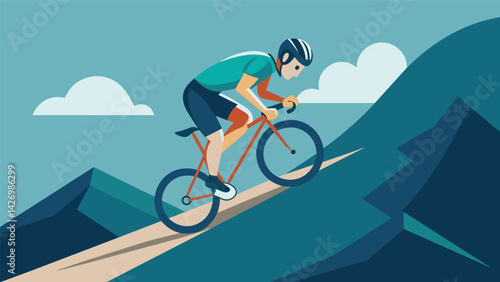 An athlete gritting their teeth pushing their bike up a steep mountain during the taxing cycling portion of the triathlon.. Vector illustration