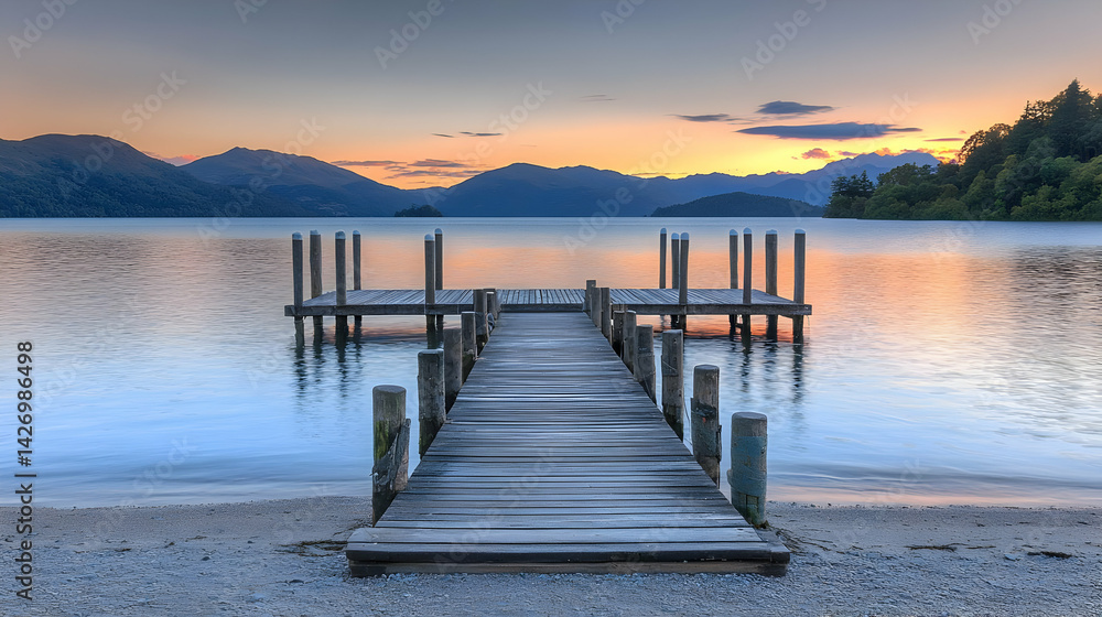 Obraz premium Wooden Pier Extends Into Calm Lake Water at Sunset