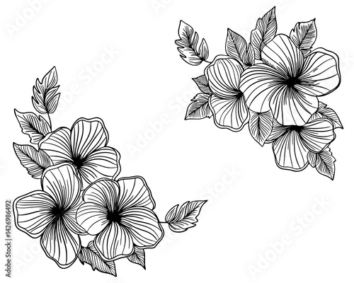 Flowers. In black and white style. Can be used for printing on paper, stickers, badges, bijouterie, tattoo. Vector