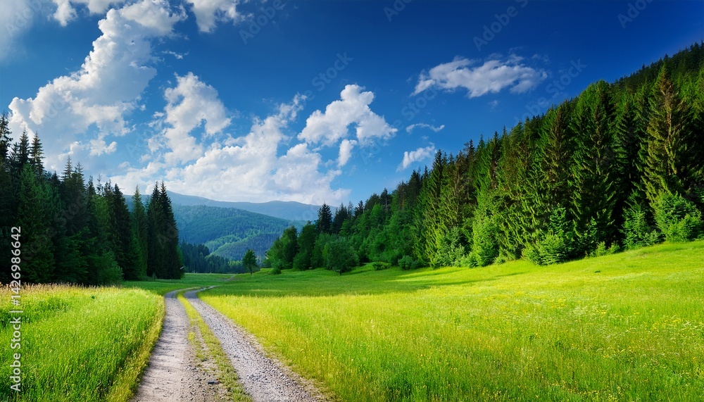 Obraz premium beautiful natural landscape the road through the meadow to the forest in the mountains green forest grass and blue sky with fluffy white clouds sunny summer day
