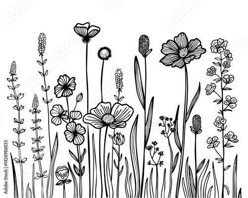 Flowers. In black and white style. Can be used for printing on paper, stickers, badges, bijouterie, tattoo. Vector