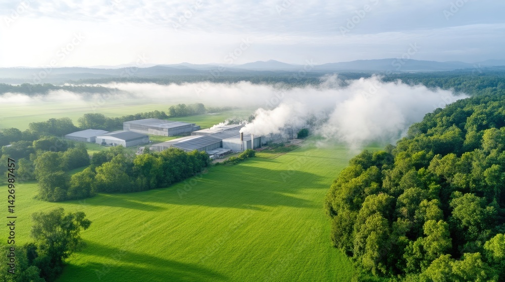 Aerial view of a modern factory complex nestled amidst a green agricultural landscape, surrounded by lush forests and a light morning mist Aerial view of a modern factory complex nestled amidst a green agricultural landscape, surrounded by lush forests and a light morning mist