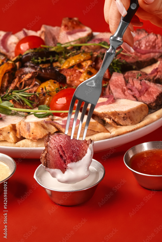 Woman dipping grilled beef into white sauce with variety of grilled meat and vegetables