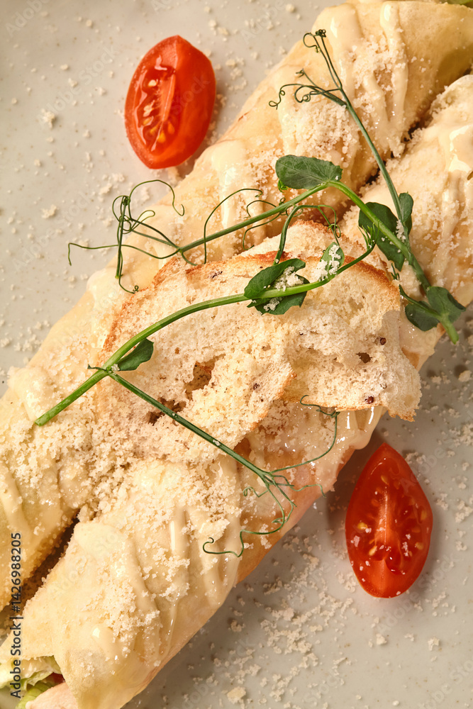 Caesar crepe rolls decorated with croutons, cherry tomatoes, and parmesan cheese