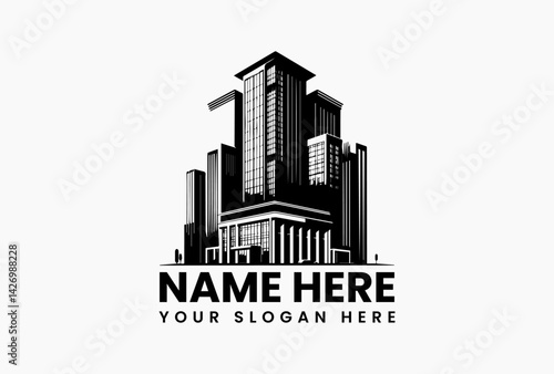 Elegant high-rise building integrated with sleek initials, premium real estate logo for luxury developers 