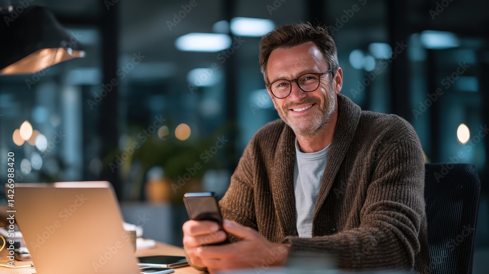 Professional businessman working late, smiling while holding smartphone near laptop on office desk, representing productive evening through digital communication and technology Professional businessman working late, smiling while holding smartphone near laptop on office desk, representing productive evening through digital communication and technology