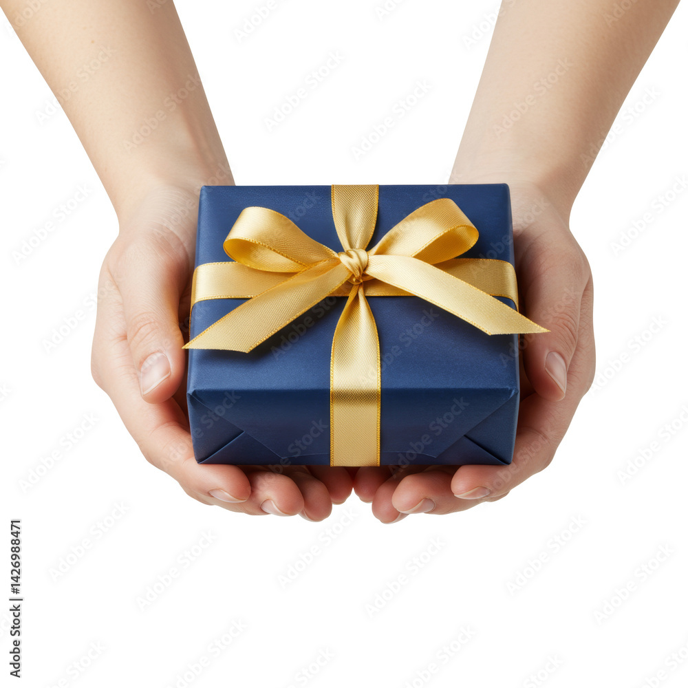 Delicately cupped hands present a wrapped gift, bound with a golden ribbon on a transparent background. Delicately cupped hands present a wrapped gift, bound with a golden ribbon on a transparent background.