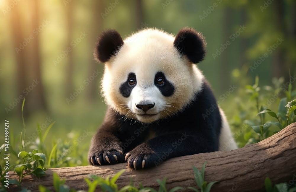 Cute giant panda bear lying on a log. Black and white mammal in forest. Adorable animal species from China. Panda bear in natural habitat, wildlife. Unique animal. Cute giant panda bear lying on a log. Black and white mammal in forest. Adorable animal species from China. Panda bear in natural habitat, wildlife. Unique animal.