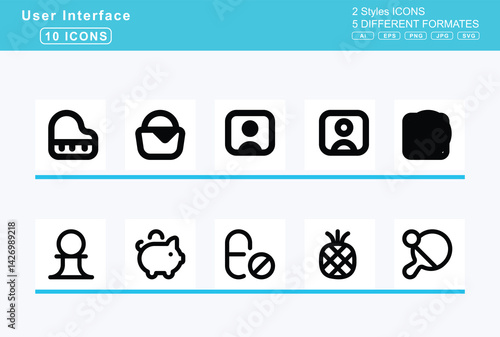 Set of 5 rounded user interface icons,photo, video, physics, Pi, piano, keyboard