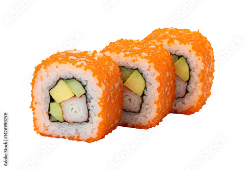 Three sushi rolls with avocado and orange roe back