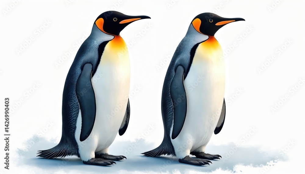 Fototapeta premium Watercolor illustration of two emperor penguins against pure white background. Digital art, ideal for print, poster, design. Unique, trending look for kids, winter themes. Perfect for print, poster,