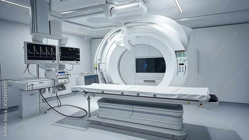 Modern MRI Scanner Room Interior with Advanced Technology and Medical Equipment Modern MRI Scanner Room Interior with Advanced Technology and Medical Equipment