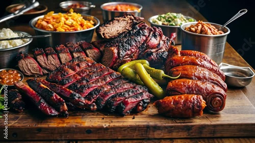 Enjoying rustic Texan barbecue featuring smoked meats, savory sides, and fresh ingredients served on a wooden platter at a traditional Texas eatery
