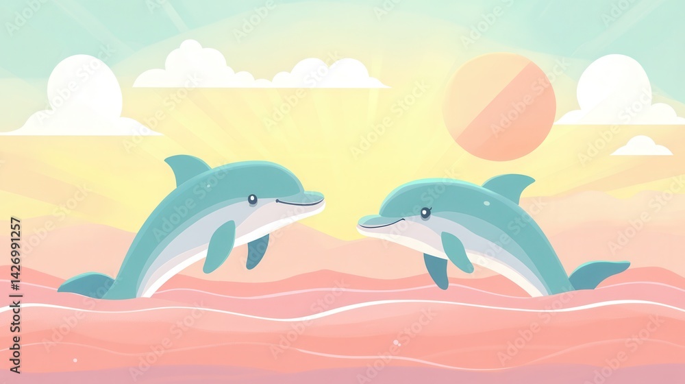 Fototapeta premium The illustration showcases two adorable dolphins against a picturesque sea background.