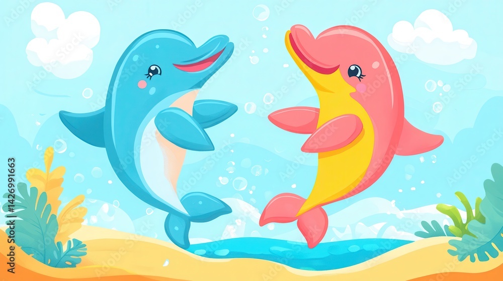 Obraz premium The illustration shows two cute dolphins joyfully jumping out of the sea, creating a lively and playful scene.