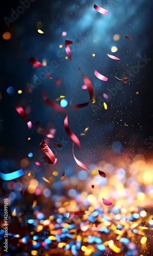 Festive background Colorful confetti and ribbons on bokeh lights