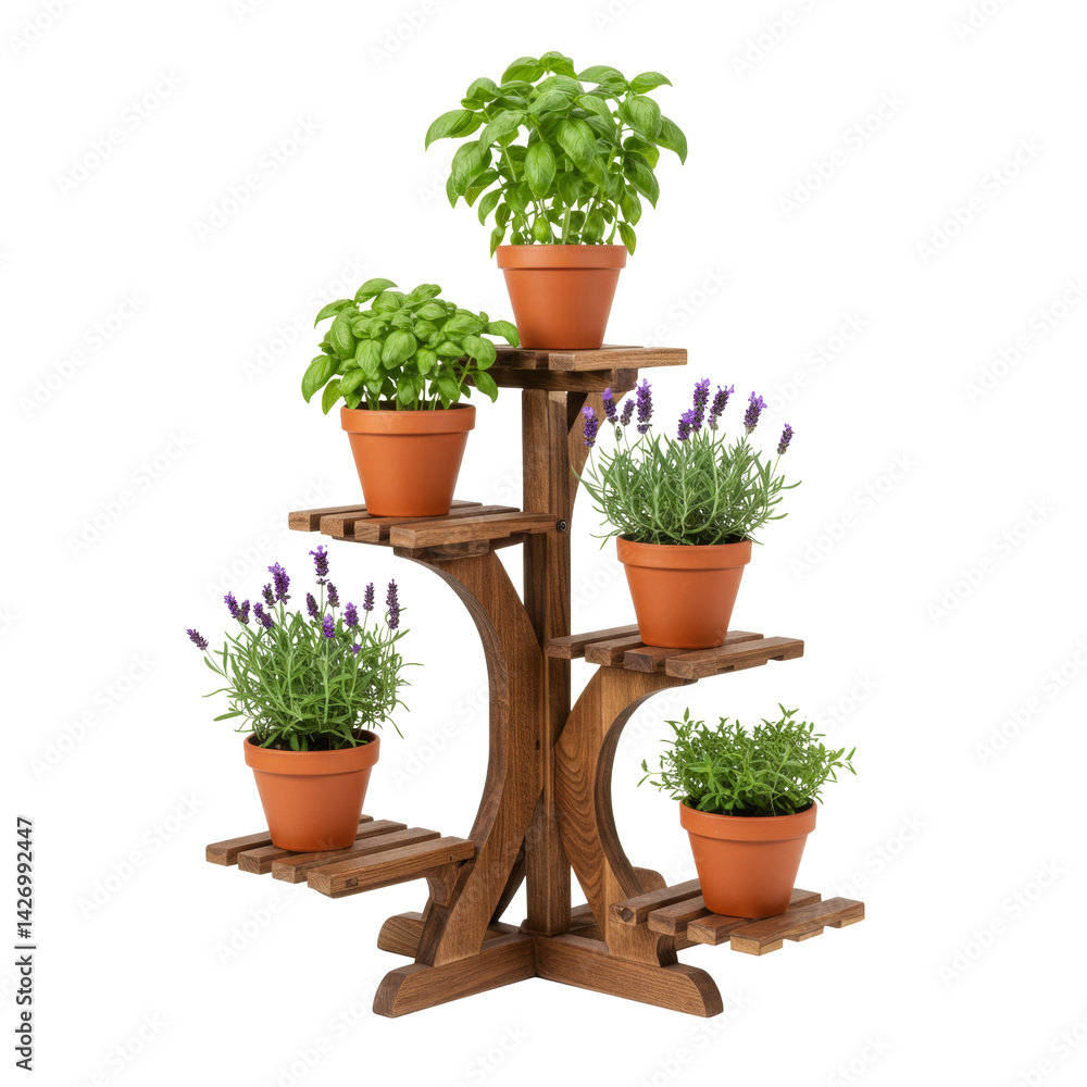 An elegant wooden plant stand displays a variety of herbs and lavender in terracotta pots. An elegant wooden plant stand displays a variety of herbs and lavender in terracotta pots.