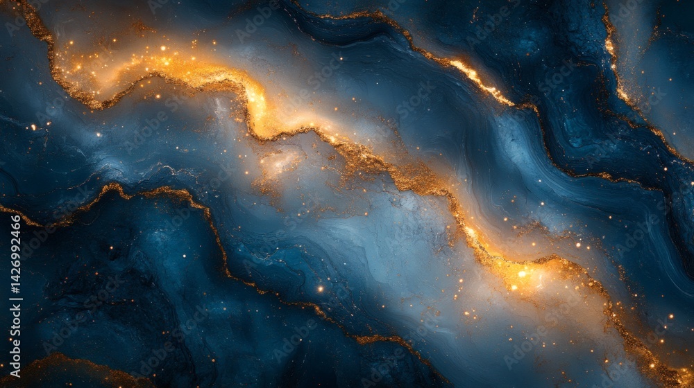 Celestial blue and gold cosmic swirling pattern of galaxy with sparkling details and textures Celestial blue and gold cosmic swirling pattern of galaxy with sparkling details and textures