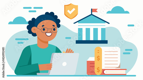 A person smiles as they scroll through their bank statements remembering the long journey of paying off their student loans and feeling grateful for. Vector illustration