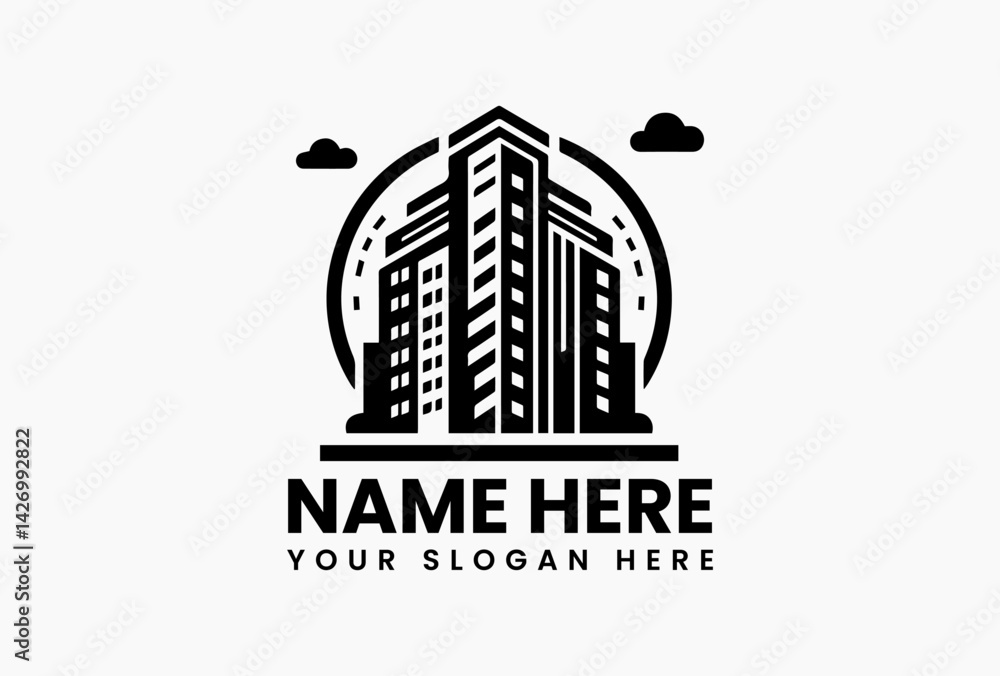 Obraz premium Architectural blueprint-style mansion logo with compass, classic construction emblem for boutique builders