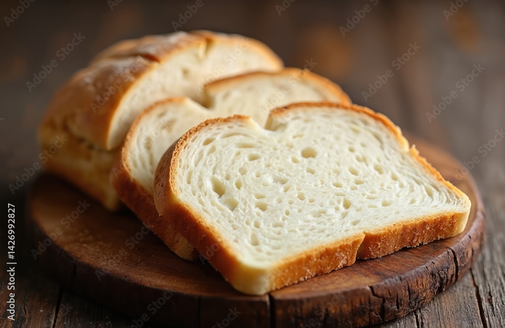 Fresh slices white bread arranged on a textured dark wooden table. Clean composition. Warm natural tones. Baked loaf ready for breakfast or sandwich preparation. Simple food photo. Fresh slices white bread arranged on a textured dark wooden table. Clean composition. Warm natural tones. Baked loaf ready for breakfast or sandwich preparation. Simple food photo.
