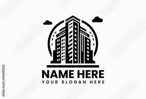 Architectural blueprint-style mansion logo with compass, classic construction emblem for boutique builders