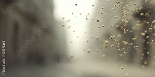 Particles of flower pollen fly in the air on a city street. Spring blossoms, aggravation of allergies in allergy sufferers