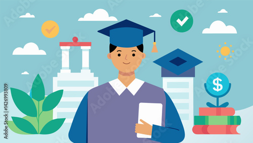 A person in a graduation cap holding a check with the amount of their loan forgiveness surrounded by symbols of different public service careers.. Vector illustration