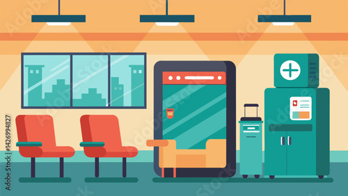 The station includes a comfortable waiting area for injured workers complete with chairs a mini fridge and a TV for distraction.. Vector illustration