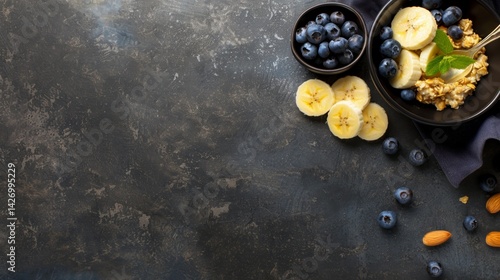 Fototapeta Naklejka Na Ścianę i Meble -  Bowl of oatmeal topped with fresh banana slices and blueberries is placed on a dark background, presenting a nutritious breakfast option with ample space for text