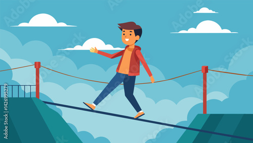 A youngster confidently crossing a wobbly suspension bridge.. Vector illustration