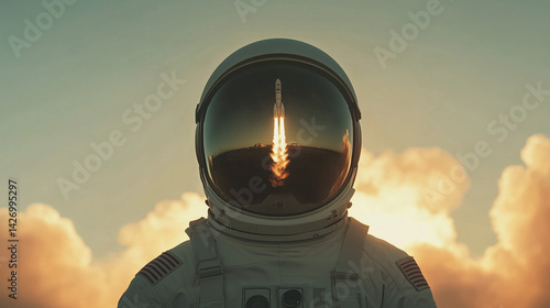 Cosmonaut helmet reflecting rocket launch at sunset