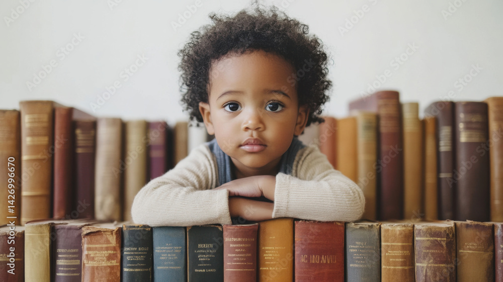 Multiracial Boy Reading Book Surrounded by Books in Library. Educational and Kids Learning Concept. World Book and Copyright Day