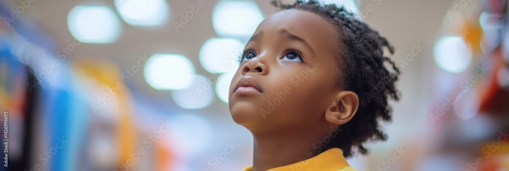 A child stands in front of a vibrant display of colorful stationery in a store.