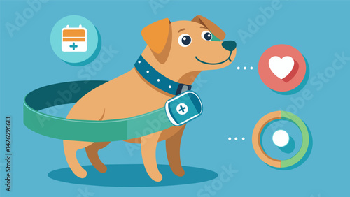 A customizable smart collar that allows owners to set personalized health targets for their dog and receive notifications when these goals are met or. Vector illustration