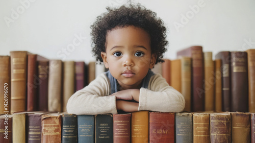 Obraz na płótnie Multiracial Boy Reading Book Surrounded by Books in Library. Educational and Kids Learning Concept. World Book and Copyright Day w salonie