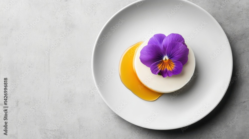 minimalist dessert arrangement featuring a smooth, creamy panna cotta adorned with vibrant edible flowers