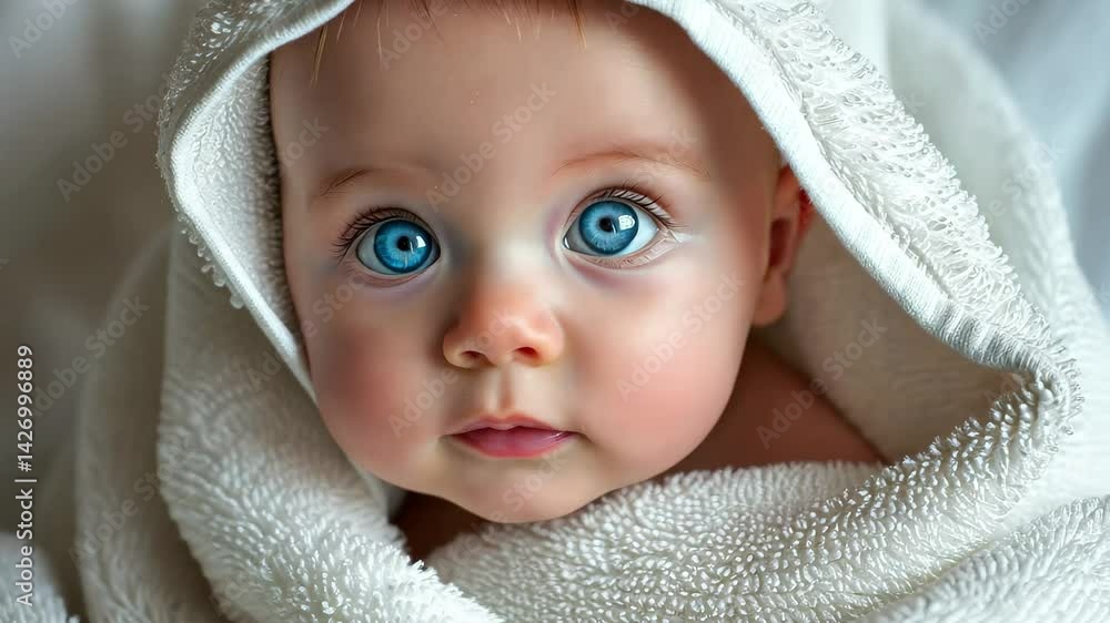 Adorable baby with blue eyes wrapped in a soft towel after a bath, enjoying a moment of warmth and coziness in a serene setting during a sunny afternoon Adorable baby with blue eyes wrapped in a soft towel after a bath, enjoying a moment of warmth and coziness in a serene setting during a sunny afternoon