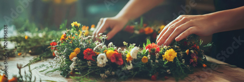 Obraz na płótnie Woman crafting floral wreath from fresh wildflowers and green herbs. Summer Solstice Holiday. w salonie