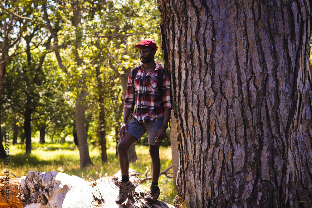 Naklejka premium African American man standing on log in forest clearing, wearing red cap and backpack, copy space